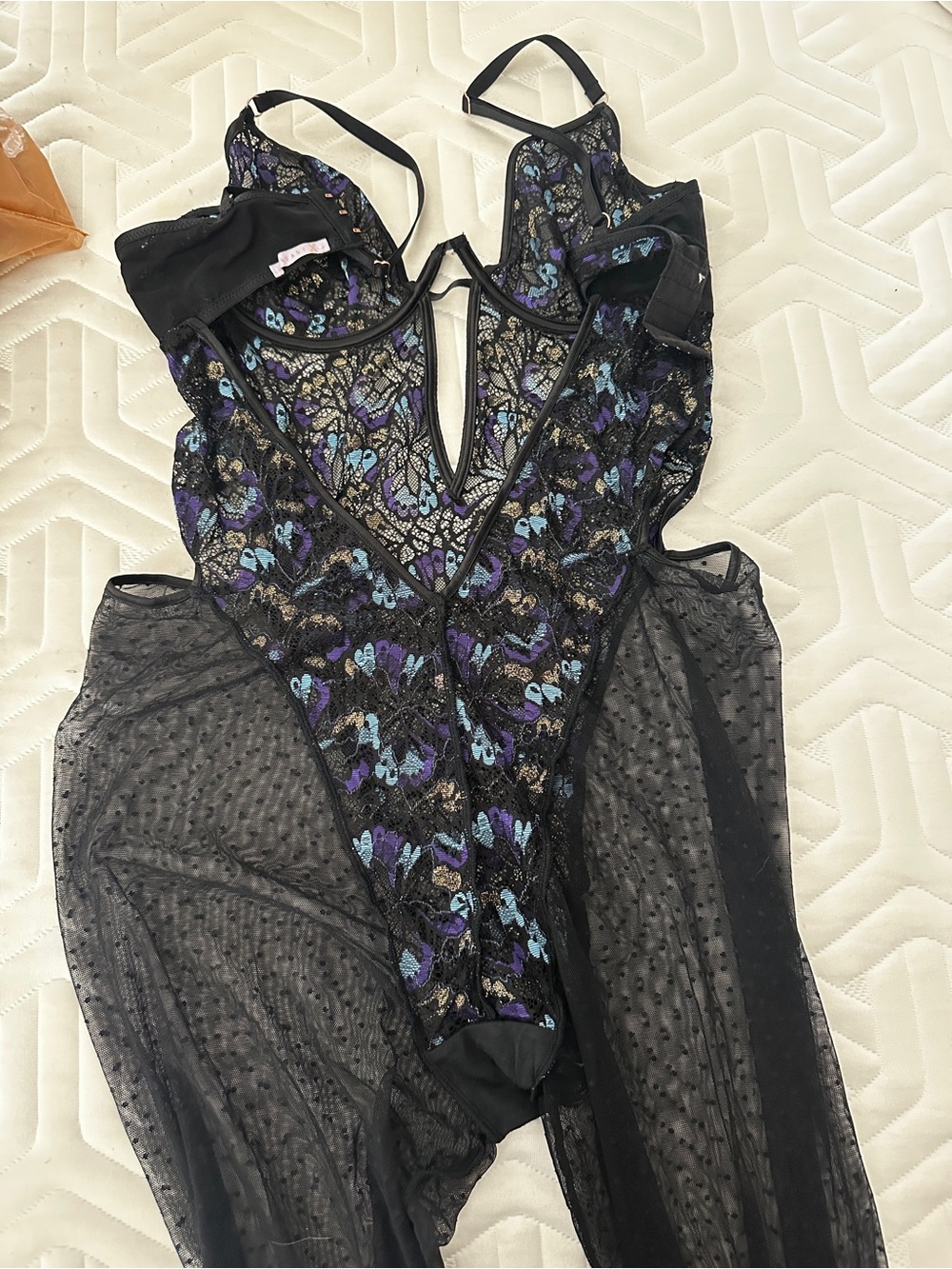 Savage X Fenty Black Lace Bodysuit with Blue & Purple Embroidered Detail